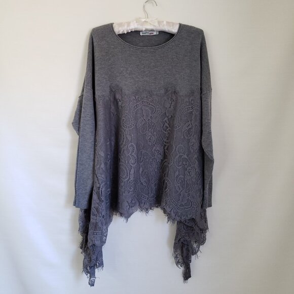 Vintage Lace Asymetrical Grey Long Sleeve Knit Babydoll Fairy Top Fits M/L - Picture 6 of 6